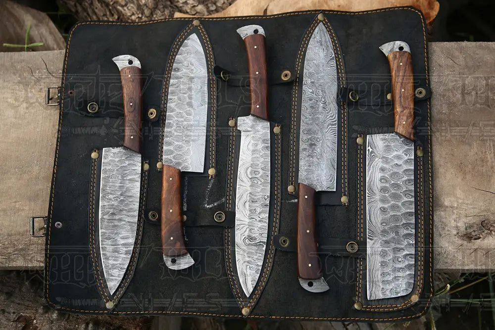 The Black Rose | Damascus 5 Piece Chef Knife Set & Leather Roll