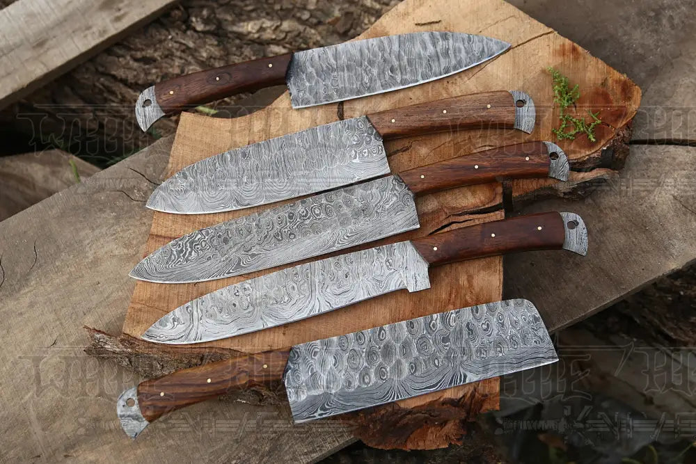 The Black Rose | Damascus 5 Piece Chef Knife Set & Leather Roll